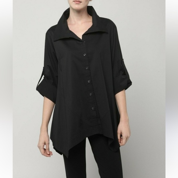 INAE Collection Lagenlook Black Tab Sleeve Wide Collar A-Line Tunic Top Large - Picture 11 of 11